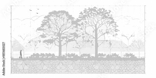 Minimalist grayscale landscape featuring trees shrubs and a distant figure