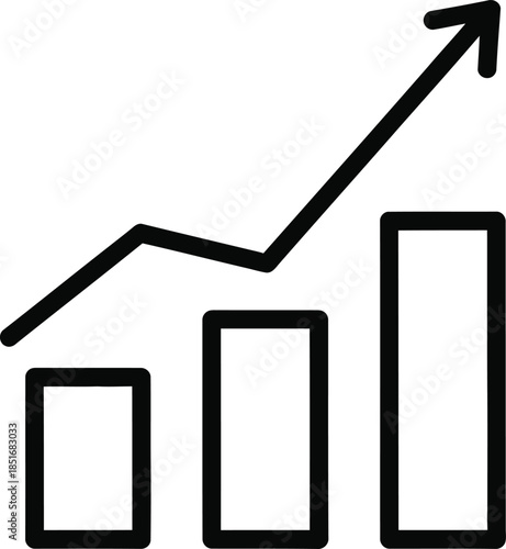 Black outline icon of a bar chart with an upward trending arrow on white background graph statistics