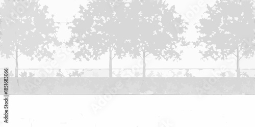 A monotone view of trees lining a street with a low wall