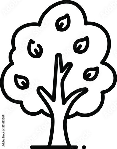 Black outline icon of a stylized tree with a thick trunk, branches, and a rounded canopy with leaves