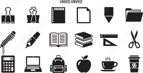 Black icons of school and office supplies on white