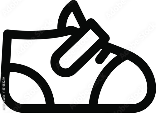 Black outline icon of a child's sneaker with laces and a rounded toe on a white background shoe footwear