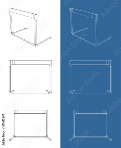 Isometric Athletics Hurdle Technical Drawing in Wireframe Style
