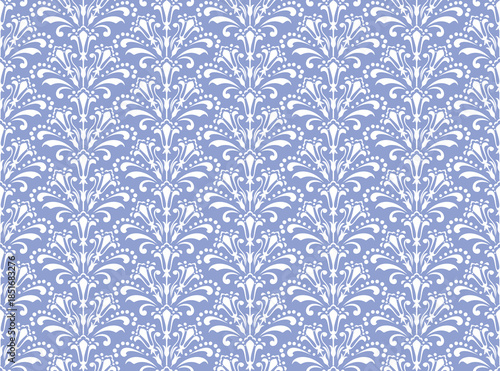 Wallpaper in the style of Baroque. White and blue floral ornament. Seamless vector background. Graphic pattern for fabric, wallpaper, packaging. Ornate Damask flower illustration