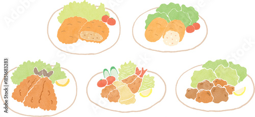手描き風の揚げ物料理のイラストセット