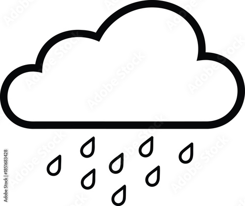 Black outline icon of a cloud with falling raindrops on a white background Keywords: cloud, rain, weather, precipitation, storm, water, drops, sky, forecast, meteorology, climate, nature, symbol