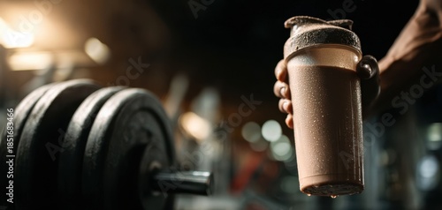 The protein shaker bottle held by athlete next to heavy barbell weight plates