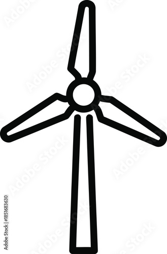 Stylized black outline icon of a wind turbine with three blades and a tall tower Keywords: wind turbine, wind energy, renewable energy, power generation, electricity, clean energy, sustainable