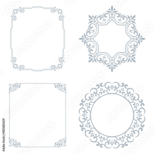 Set of decorative frames Elegant vector element for design in Eastern style, place for text. Floral gray and white borders. Lace illustration for invitations and greeting cards