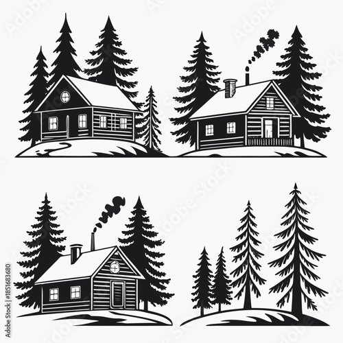 Four rustic cabins in the woods