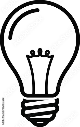 Simple black outline icon of a classic incandescent light bulb with a visible filament Keywords: light bulb, idea, innovation, creativity, inspiration, knowledge, solution, concept, thinking