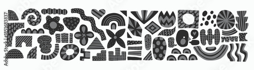 Abstract elements set. Monochrome elements. Circle, flower, cloud, geometric shapes sticker pack. Groovy funky flower, bubble, tulip, heart, waves. Liquid playful doodle, sketch, organic form stickers