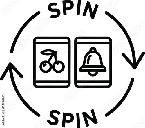 Circular Spin Icon with Cherries and Bell Symbols and Arrows vector illustration
