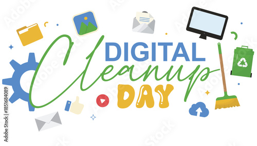 digital cleanup day title with eco friendly icons, recycling bin, broom and computer symbols for environmental awareness campaigns and web communication. Isolated. Cleanup data. Vector illustration