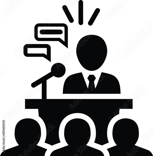 Icon of a speaker at a podium addressing an audience with speech bubbles Keywords: speaker, podium, audience, speech, communication, presentation, meeting, conference, debate, discussion, icon