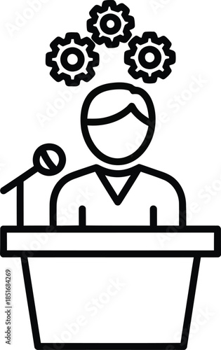 Line art icon of a person at a podium with gears above their head Keywords: person, podium, gears, ideas, thinking, innovation, strategy, planning, business, education, icon, symbol, concept