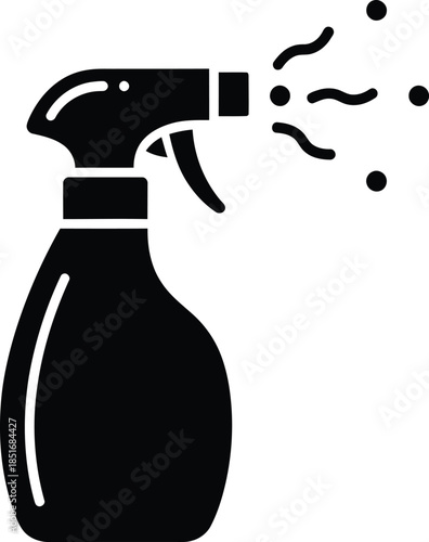 Black silhouette of a spray bottle dispensing liquid droplets and wavy lines cleaning disinfectant