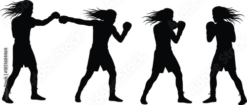 Boxing silhouette sequence of female fighter in motion, four stances showing punch, guard, footwork, training drills, dynamic sports vector illustration