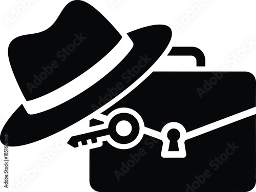 Black silhouette of a fedora hat placed over a briefcase with a key in the lock vector illustration