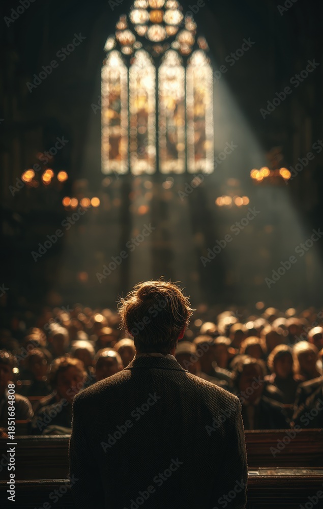 Obraz premium Individual standing before a captivated audience in a grand hall, illuminated by sunlight streaming through stained glass windows, creating a dramatic and inspiring atmosphere
