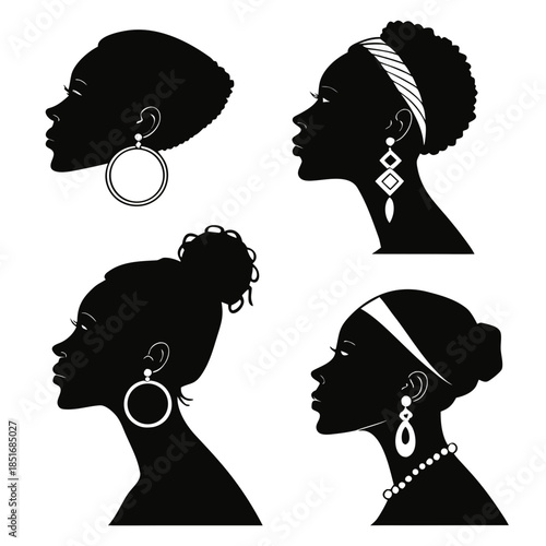 Silhouettes of women with various hairstyles and accessories