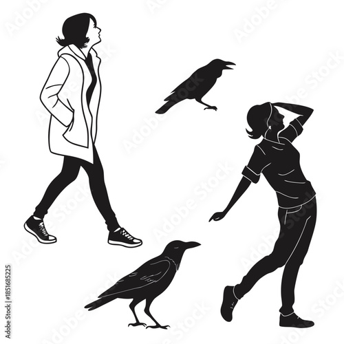 Silhouettes of people interacting with ravens