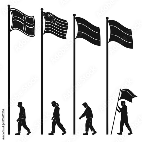 Silhouettes of people raising flags
