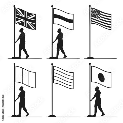 Silhouettes of people raising various national flags