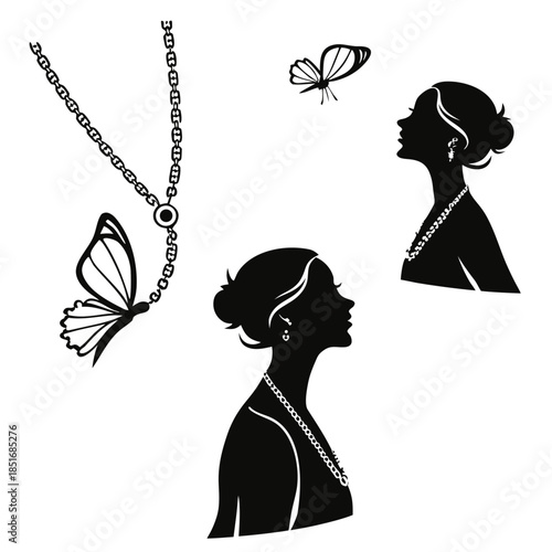 Silhouettes of women with butterfly jewelry