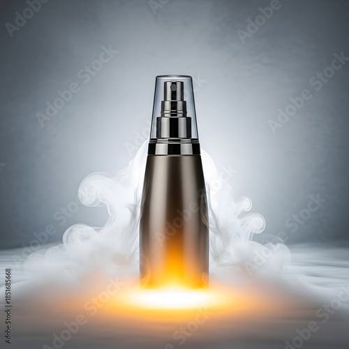 Elegant silver and clear spray bottle presented among vaporous clouds, illuminated by a warm glow on a soft gradient