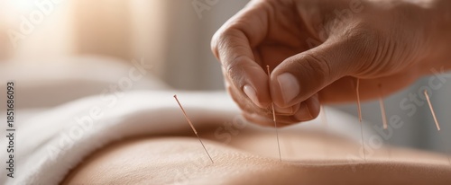 The Acupuncture Needles and Practitioner Hand During Relaxing Back Treatment in Clinic