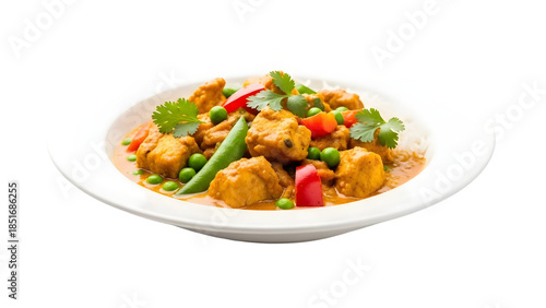 indian chicken curry with peas red bell peppers and cilantro garnish served over rice on white plate transparent background