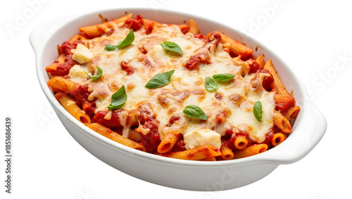 delicious penne pasta bake with melted mozzarella cheese and fresh basil leaves in white oval baking dish close up isolated on transparent background