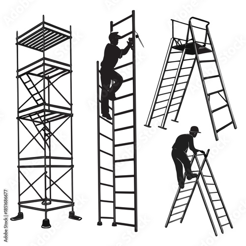 Construction workers on scaffolding and ladders