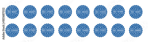 ISO Certified Badge Set with Multiple Standards Including ISO 9001 14001 27001 22000 45001 Quality Compliance Seals Vector