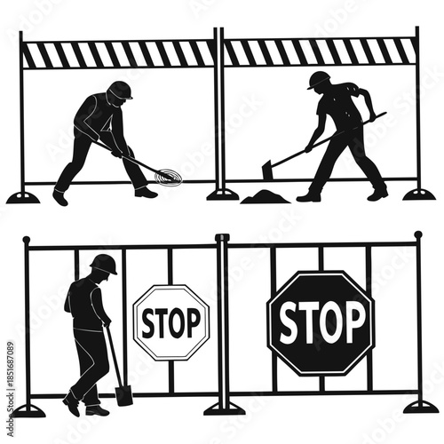 Construction workers and stop signs