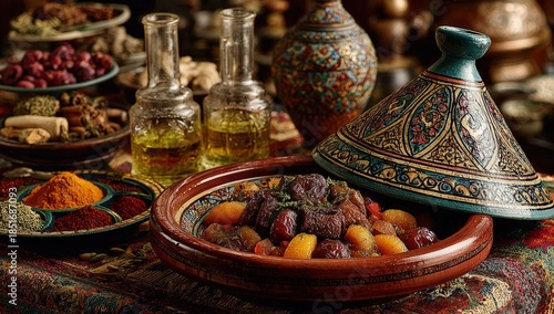 Colorful Moroccan tagine filled with succulent meat and vegetables, surrounded by spices, oils, and traditional pottery, showcasing rich culinary heritage and vibrant culture