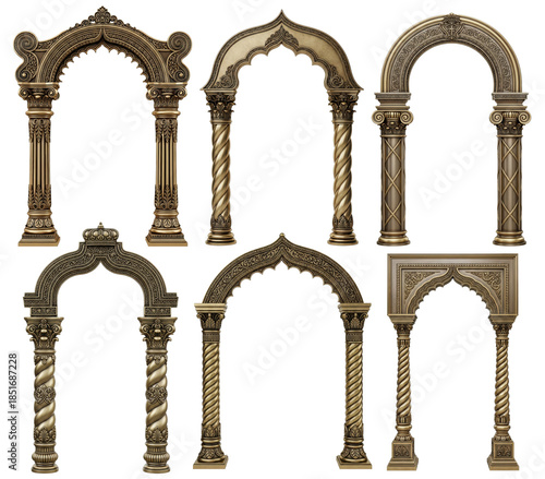 Assortment of five luxury golden arches including ogee and multifoil designs, perfect for creating majestic palace or temple entrances.