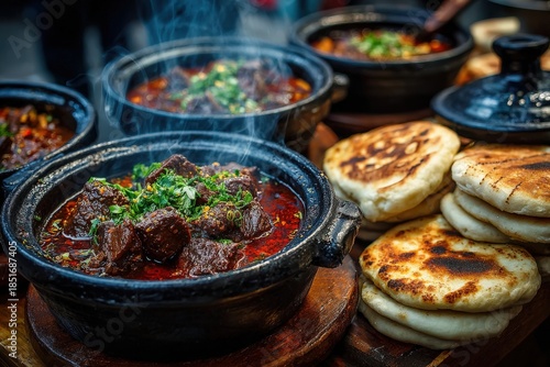 Steaming bowls of savory meat stew with herbs, served in traditional black pots, accompanied by freshly baked flatbreads, showcasing vibrant culinary culture and delicious flavors