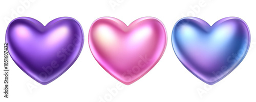 Three shiny hearts in purple, pink, and blue colors on a white background as seen from a straightforward viewpoint