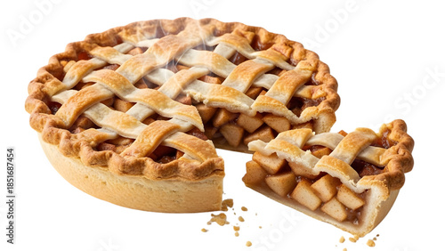 Delicious homemade apple pie with a golden-brown lattice crust and a removed slice, revealing the sweet, chunky apple filling, perfect for a comforting dessert on a transparent background