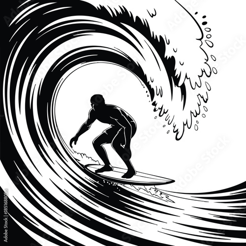 Surfer Riding a Barrel Wave Illustration, Dramatic Big Wave Surfing Silhouette, Vector Ocean Wave and Surfer Graphic, Minimalist Tsunami Wave Action Sketch, silhouette, illustration, vector