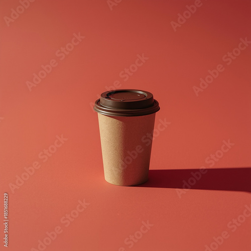 Morning Brew Moment: A solitary takeaway coffee cup, simple in its design, casting a crisp shadow on a vibrant coral backdrop, hinting at a moment of pause and reflection.