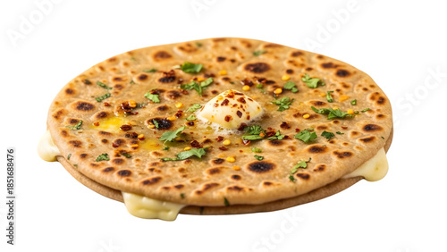Cheese paratha with melted butter and chili flakes on transparent background