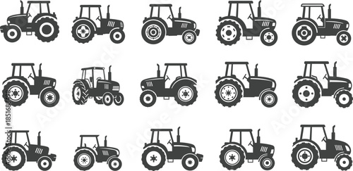 Assortment of Black Silhouette Tractors in Various Models on White Background farm agriculture