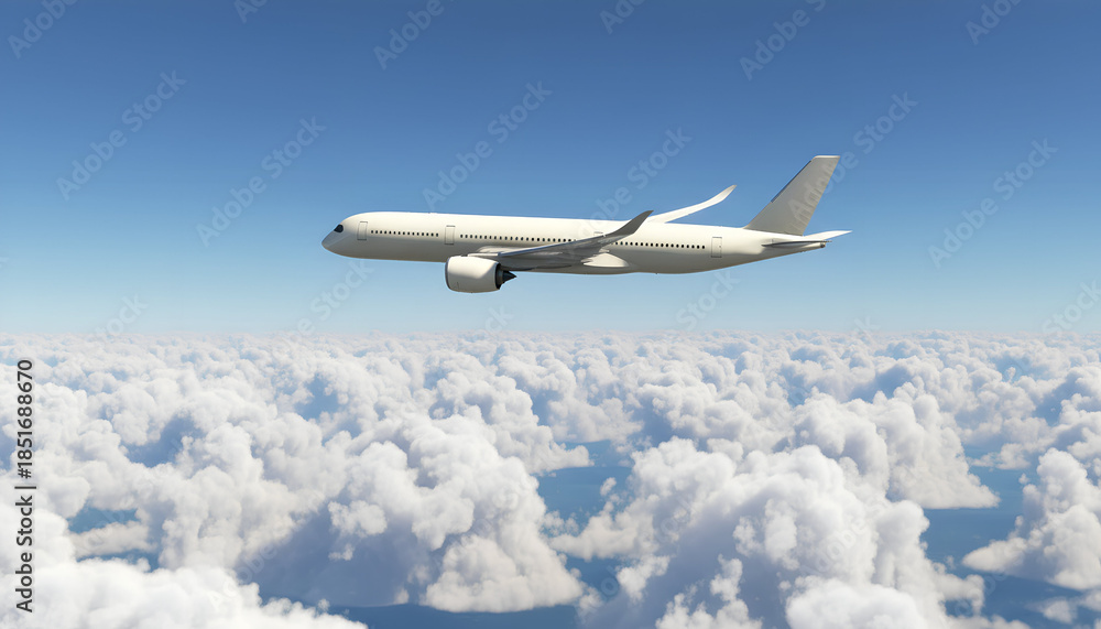 Obraz premium White Airplane Airbus A350 Modern Passenger Jet Plane Flying Above the Clouds with Blue Sky side view