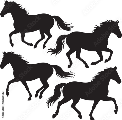 Four galloping horse silhouettes isolated on transparent background