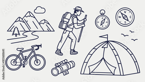 Hiking and Outdoor Adventure Line Art Illustration with Camping Gear