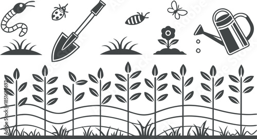 Black and White Gardening Icon Set with Plants, Tools, and Insects