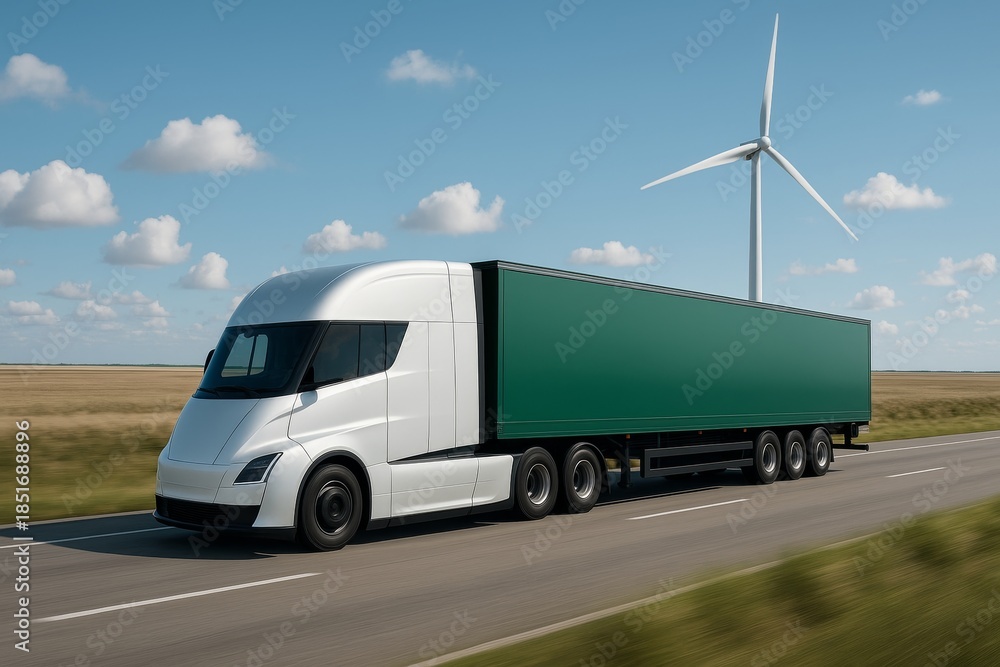 Naklejka premium Futuristic electric semi truck driving on open highway with wind turbine in background, symbolizing eco-friendly green energy transport concept. Ai generative